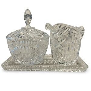 Vintage Beyer Lead Crystal Creamer, Lidded Sugar Bowl and Underplate Set